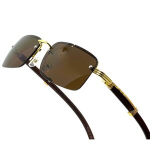 Men's Rimless Luxury Hip Hop Gem Cut Brown Tint Gold‎ Frame Rectangle Sunglasses